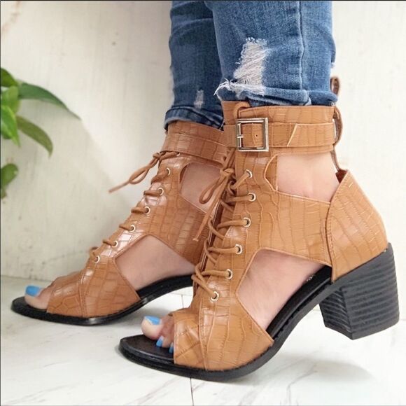 Chestnut Croco Open Toe Bootie - Picture 3 of 4